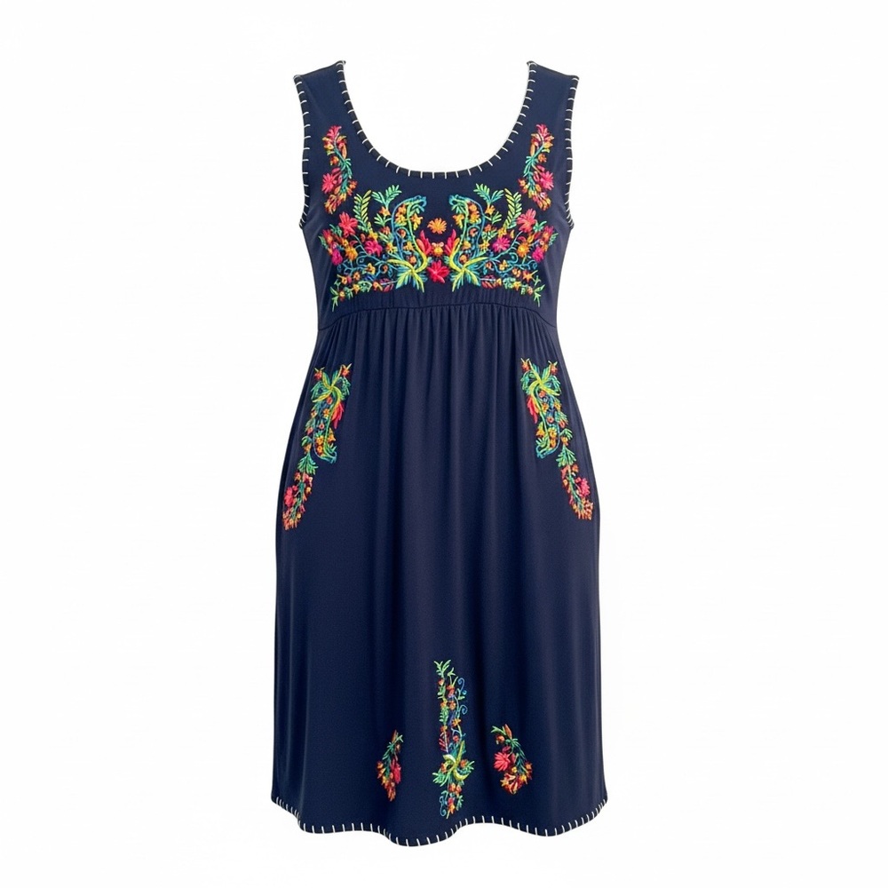 Navy Embroidered Floral Boho Dress Sz Sm Cotton Stretch Western Folksy Beachy